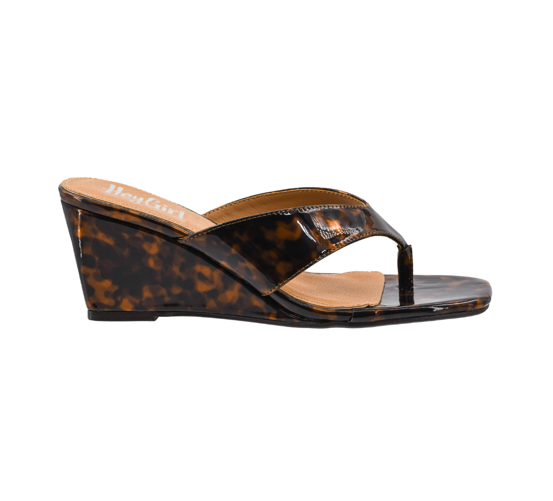 SHINY TORTOISE THONG SANDAL WEDGE DOCK PARTY HEEL