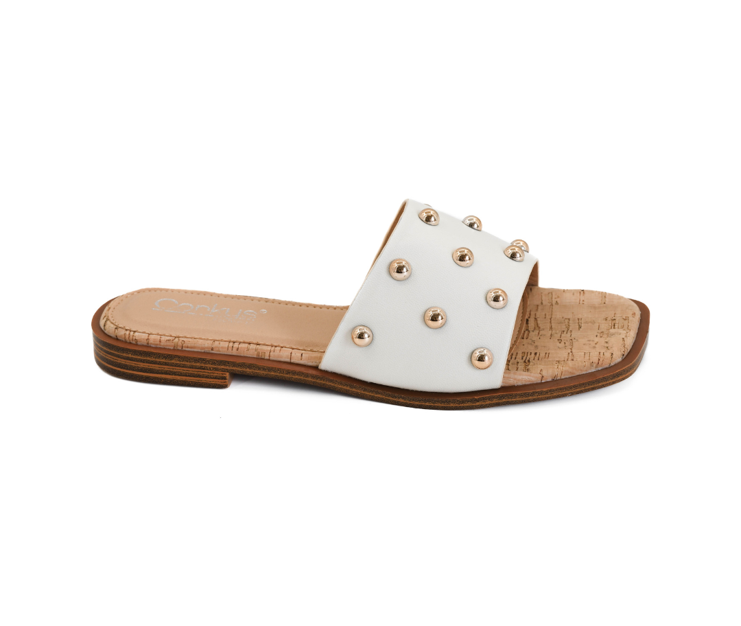 WHITE/GOLD BEADED SQUARE TOE COME ABOARD SANDAL