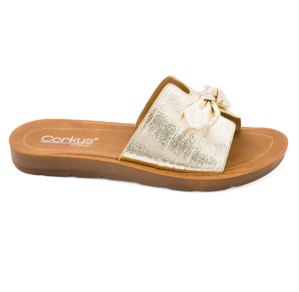 GOLD CRINKLE BOW TOO CUTE SLIP ON SANDAL