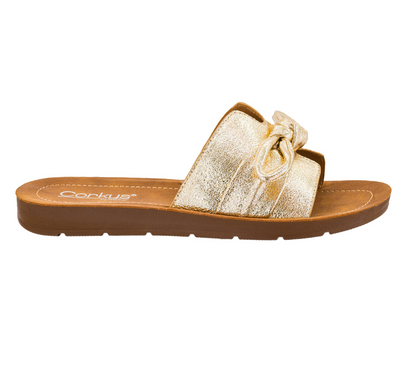 GOLD CRINKLE BOW TOO CUTE SLIP ON SANDAL