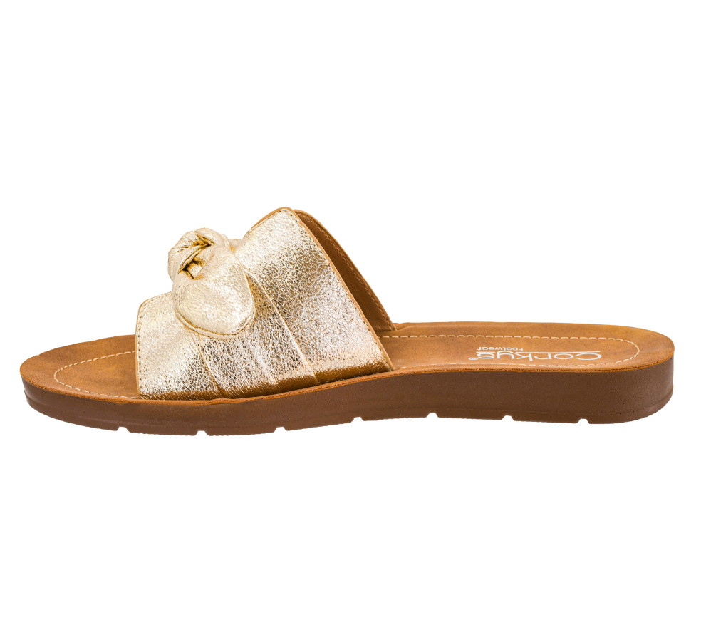 GOLD CRINKLE BOW TOO CUTE SLIP ON SANDAL