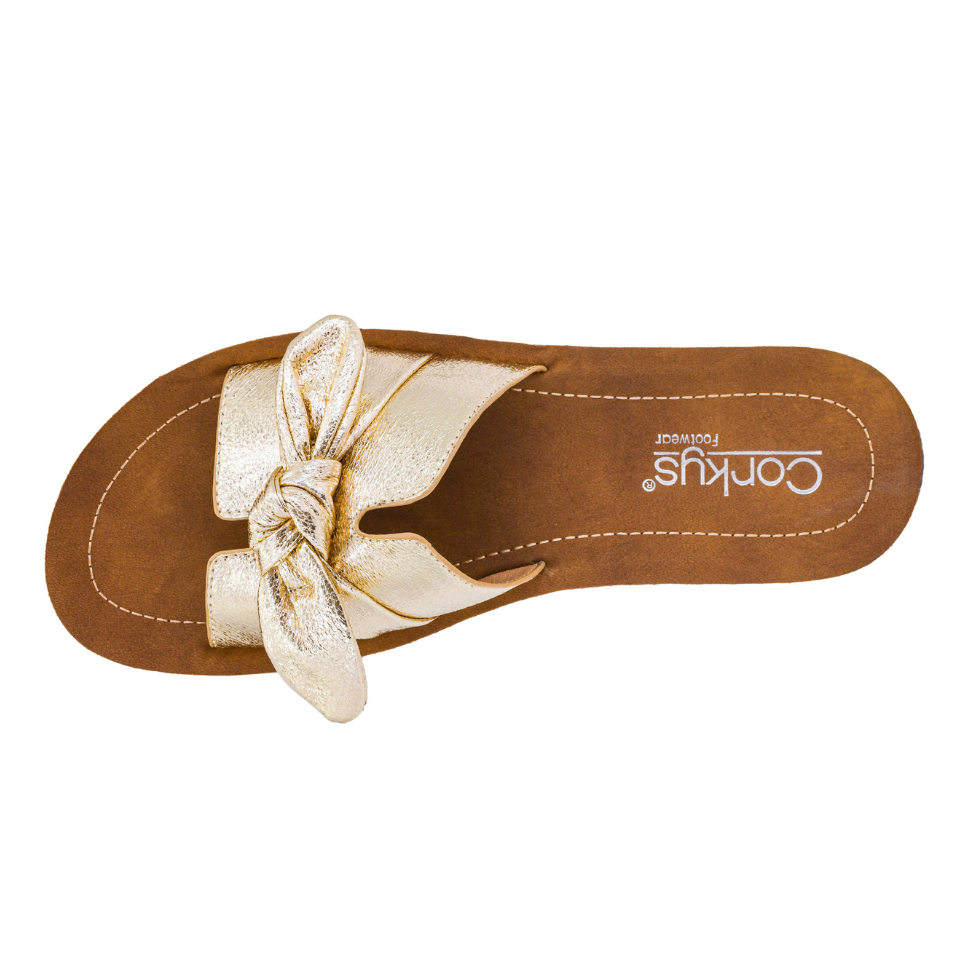 GOLD CRINKLE BOW TOO CUTE SLIP ON SANDAL