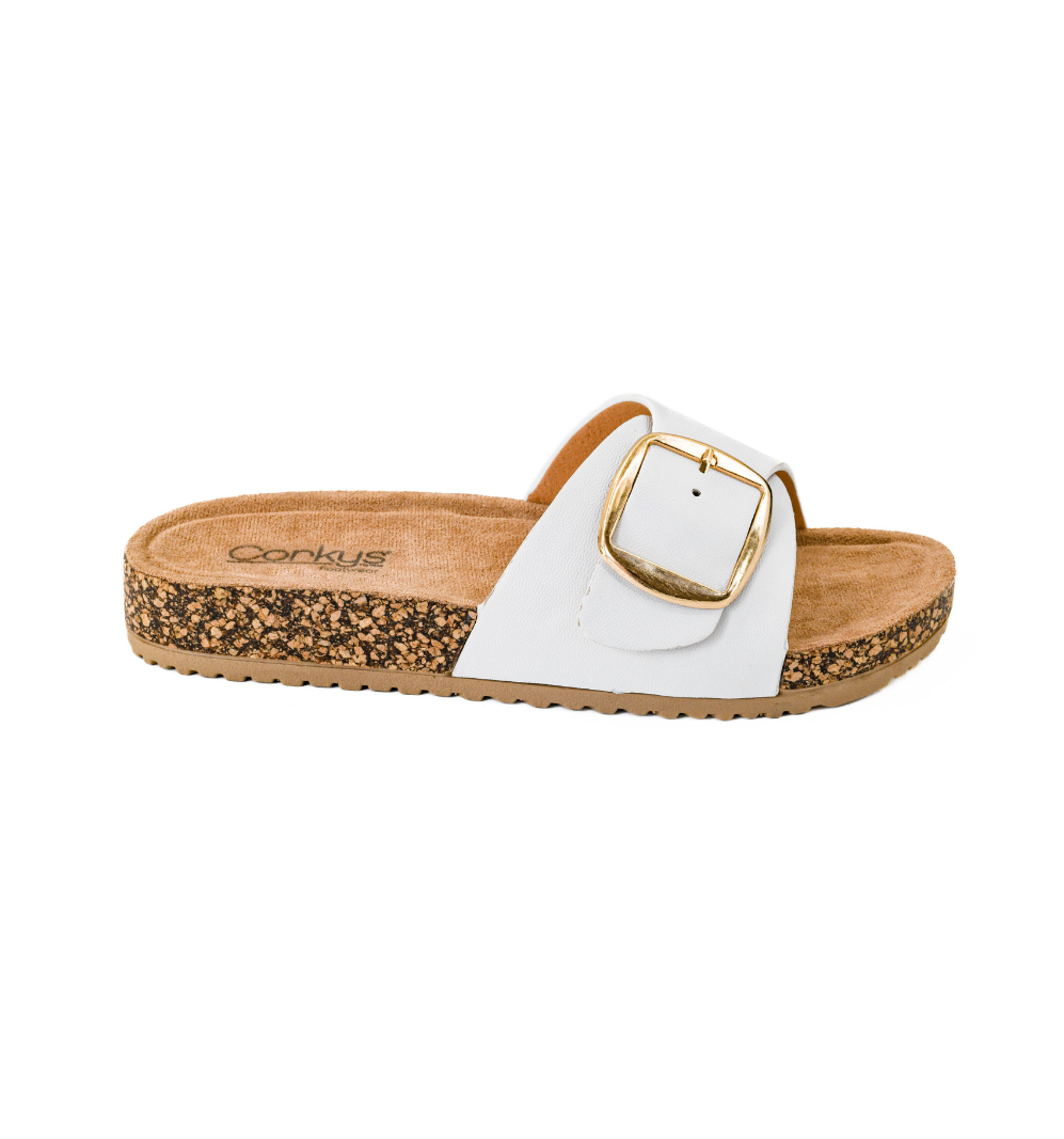 IVORY WIDE FAUX LEATHER GOLD BUCKLE STRAP SLIP ON SANDAL