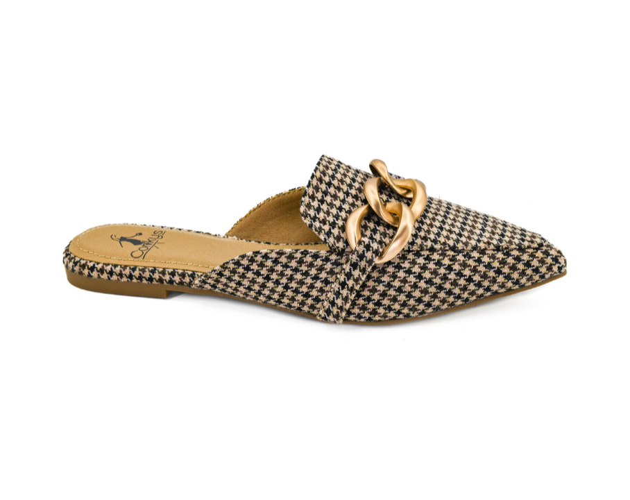 BLACK/TAN HOUNDSTOOTH PLAYIN FOR KEEPS POINTED TOE MULE