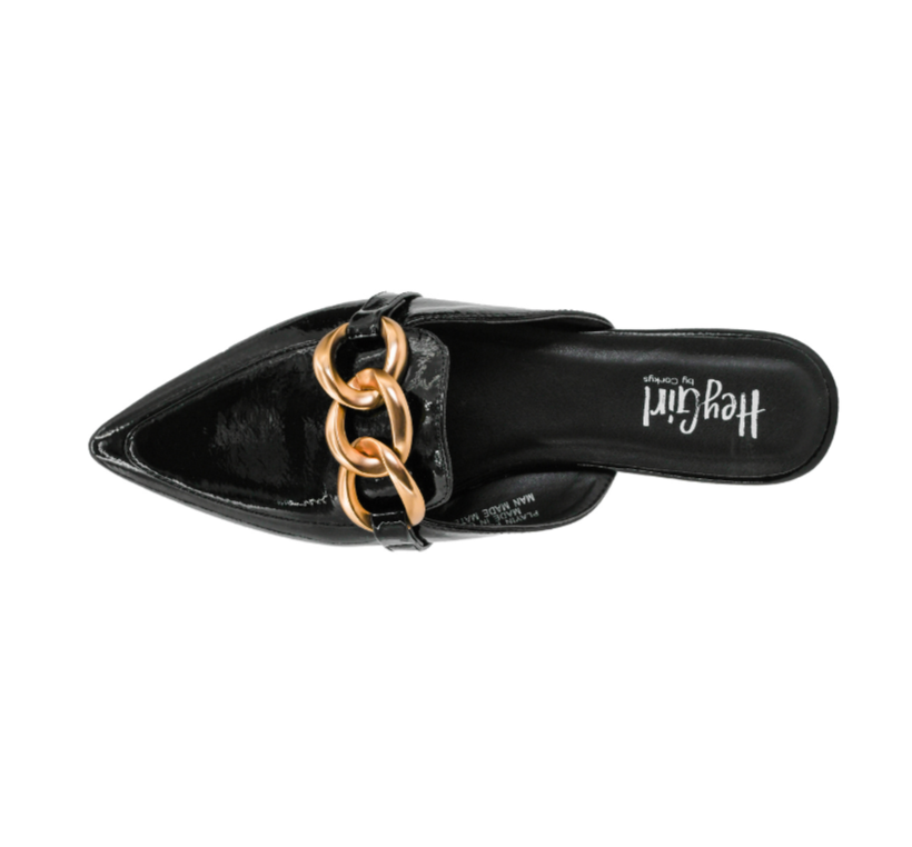 GLOSSY BLACK PATENT PLAYIN FOR KEEPS POINTED TOE MULE