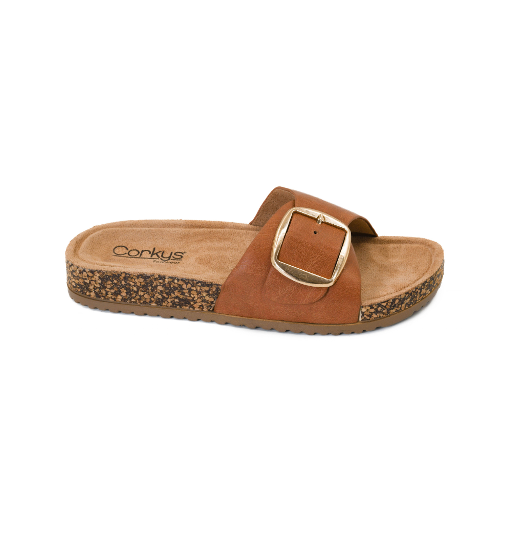 COGNAC WIDE FAUX LEATHER GOLD BUCKLE STRAP SLIP ON SANDAL