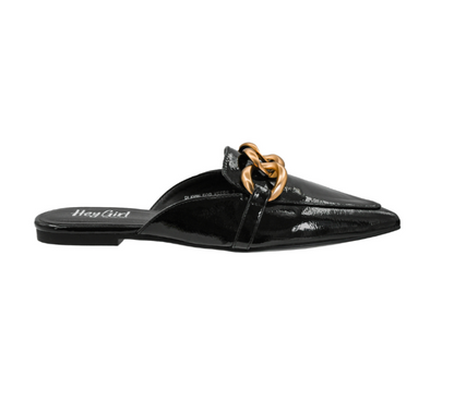 GLOSSY BLACK PATENT PLAYIN FOR KEEPS POINTED TOE MULE