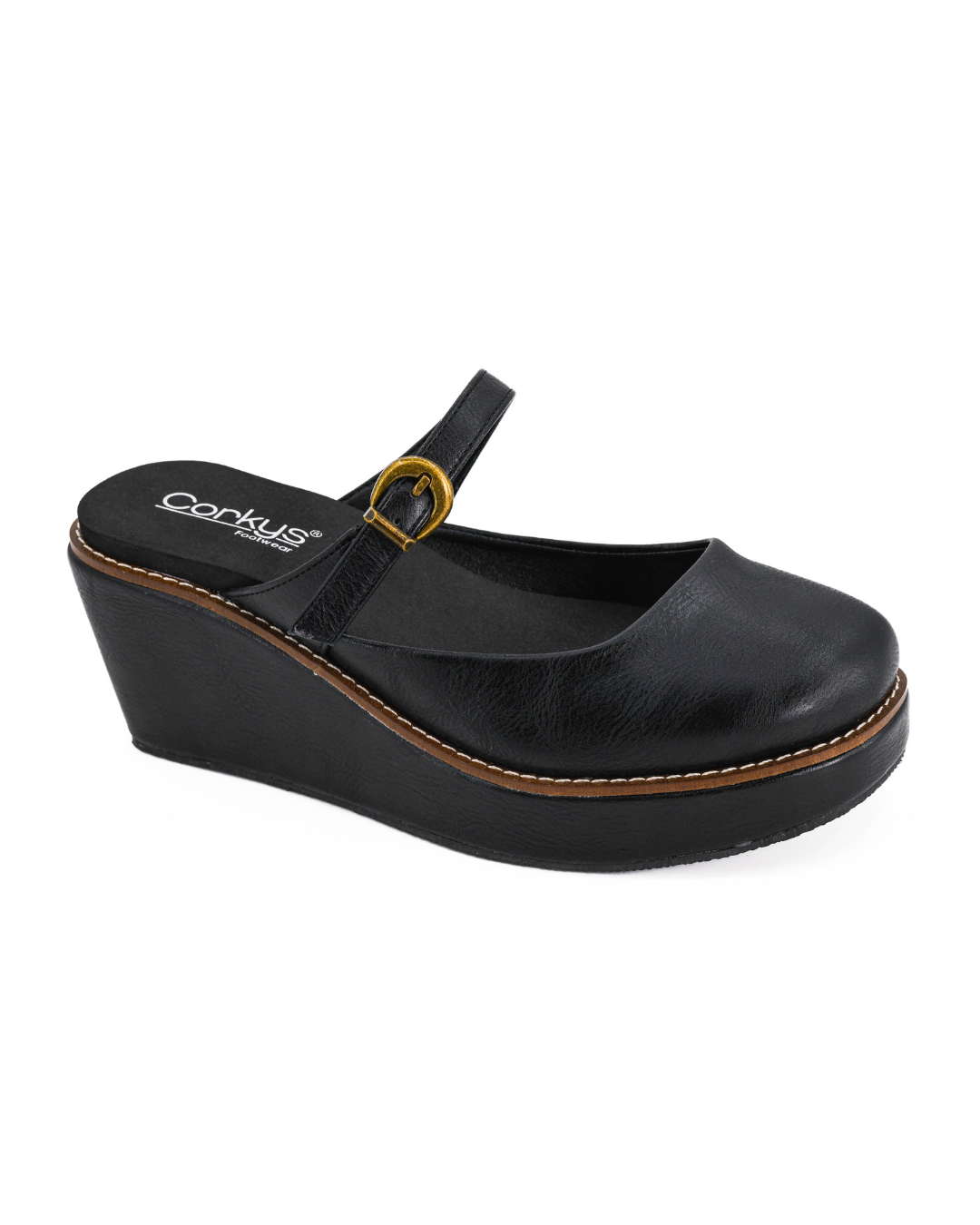 BLACK CLOSED TOE ME TIME MARY JANE PLATFORM WEDGE HEEL