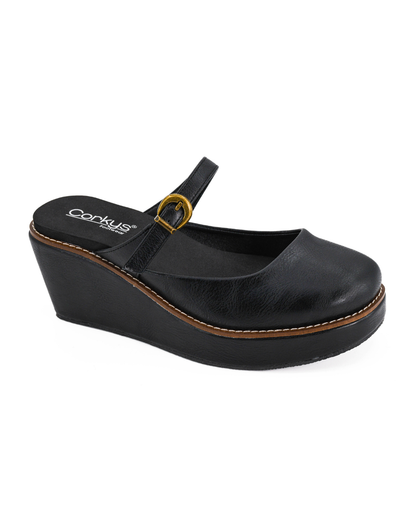 BLACK CLOSED TOE ME TIME MARY JANE PLATFORM WEDGE HEEL