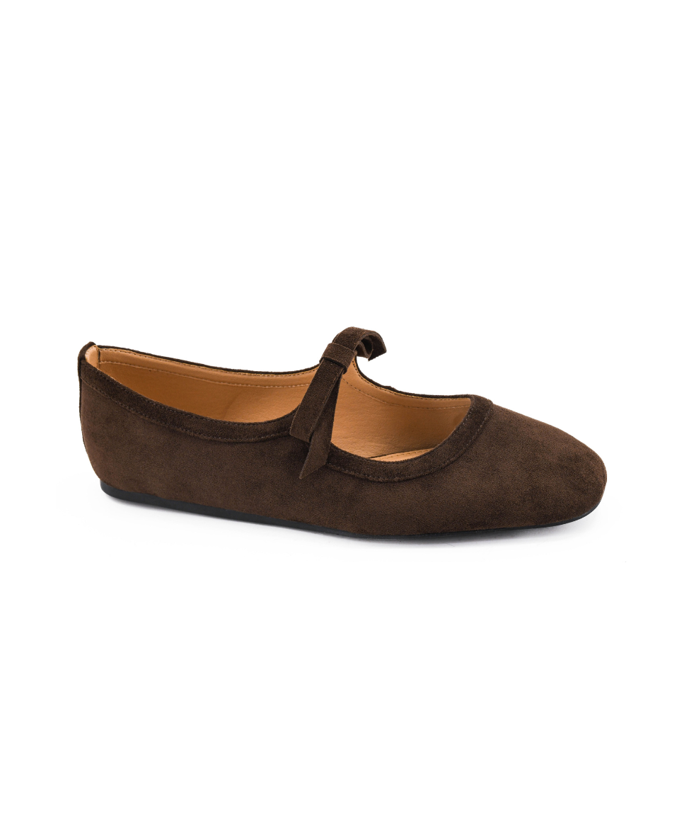 CHOCOLATE FAUX SUEDE BOW STRAP MARY JANE LAYOVER FLAT
