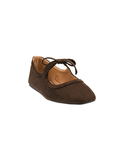 CHOCOLATE FAUX SUEDE BOW STRAP MARY JANE LAYOVER FLAT