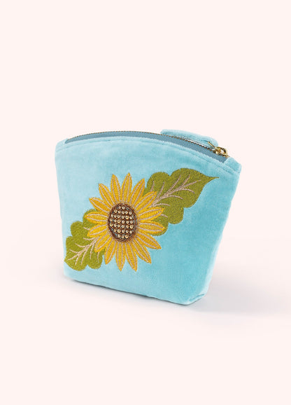 BLUE SUMMER SUNFLOWER EMBROIDERED VELVET MINI POUCH
