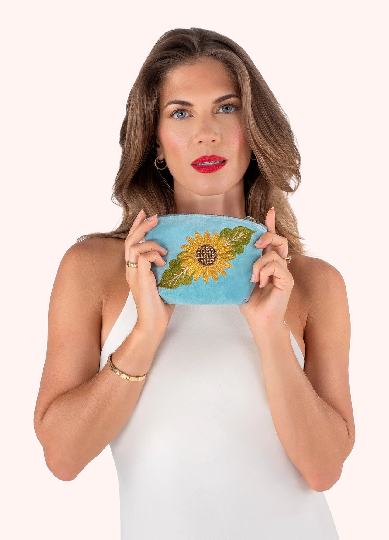 BLUE SUMMER SUNFLOWER EMBROIDERED VELVET MINI POUCH