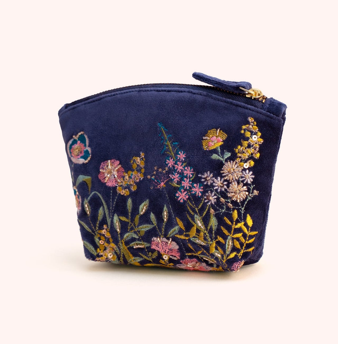NAVY EMBROIDERED FLORAL HEDGEROW VELVET MINI POUCH
