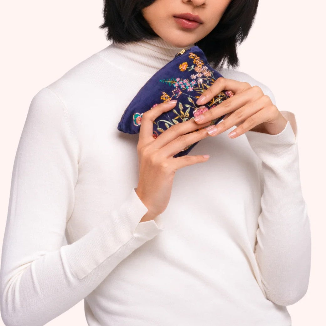 NAVY EMBROIDERED FLORAL HEDGEROW VELVET MINI POUCH