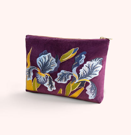 DEEP PLUM IRIS EMBROIDERY VELVET ZIP POUCH