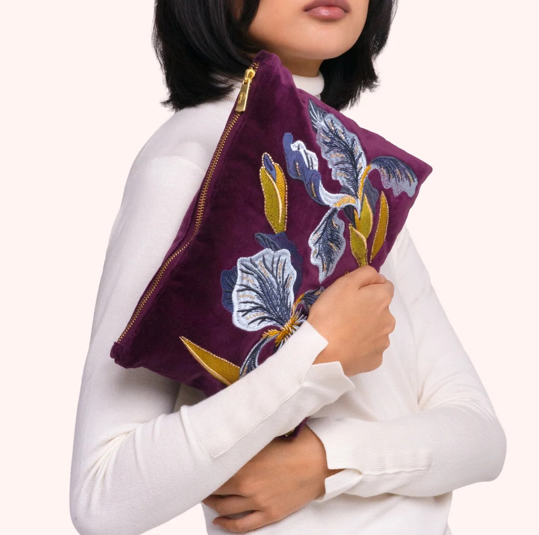 DEEP PLUM IRIS EMBROIDERY VELVET ZIP POUCH