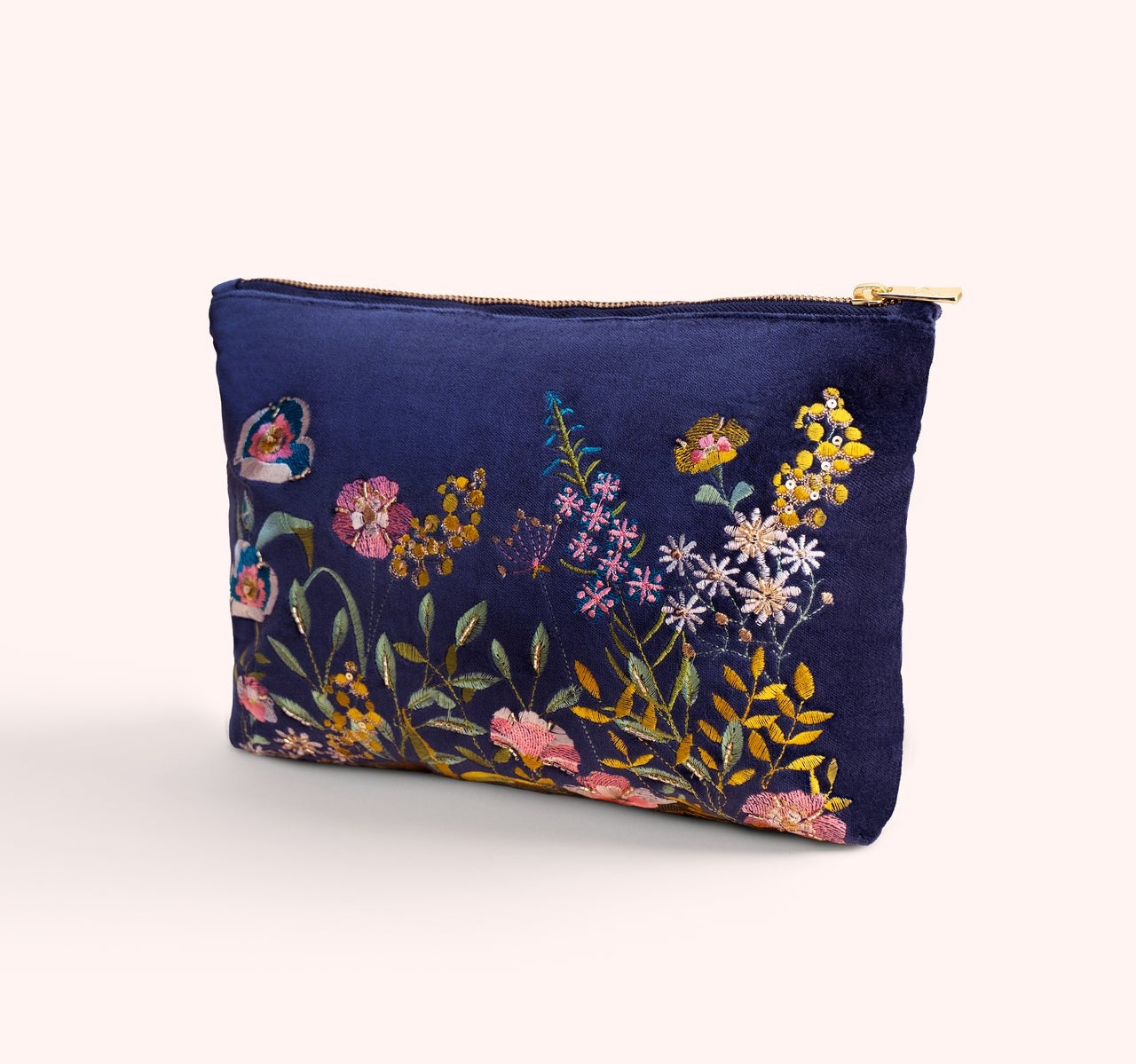NAVY EMBROIDERED FLORAL HEDGEROW VELVET ZIP POUCH