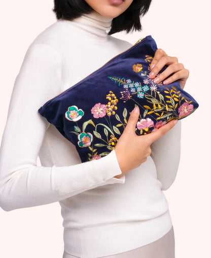 NAVY EMBROIDERED FLORAL HEDGEROW VELVET ZIP POUCH