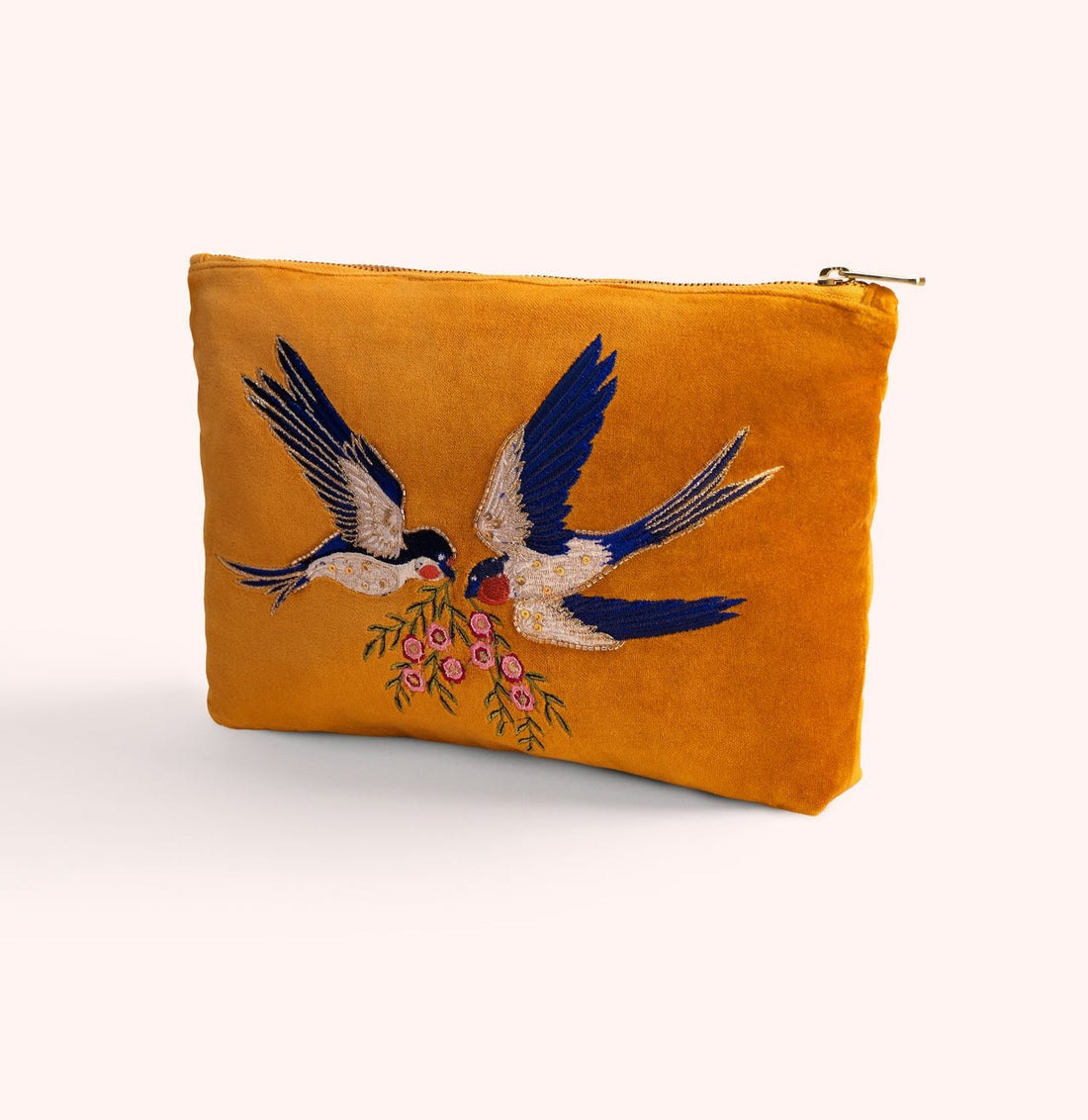MARIGOLD EMBROIDERED SWALLOW VELVET ZIP POUCH