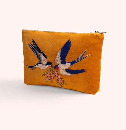 MARIGOLD EMBROIDERED SWALLOW VELVET ZIP POUCH