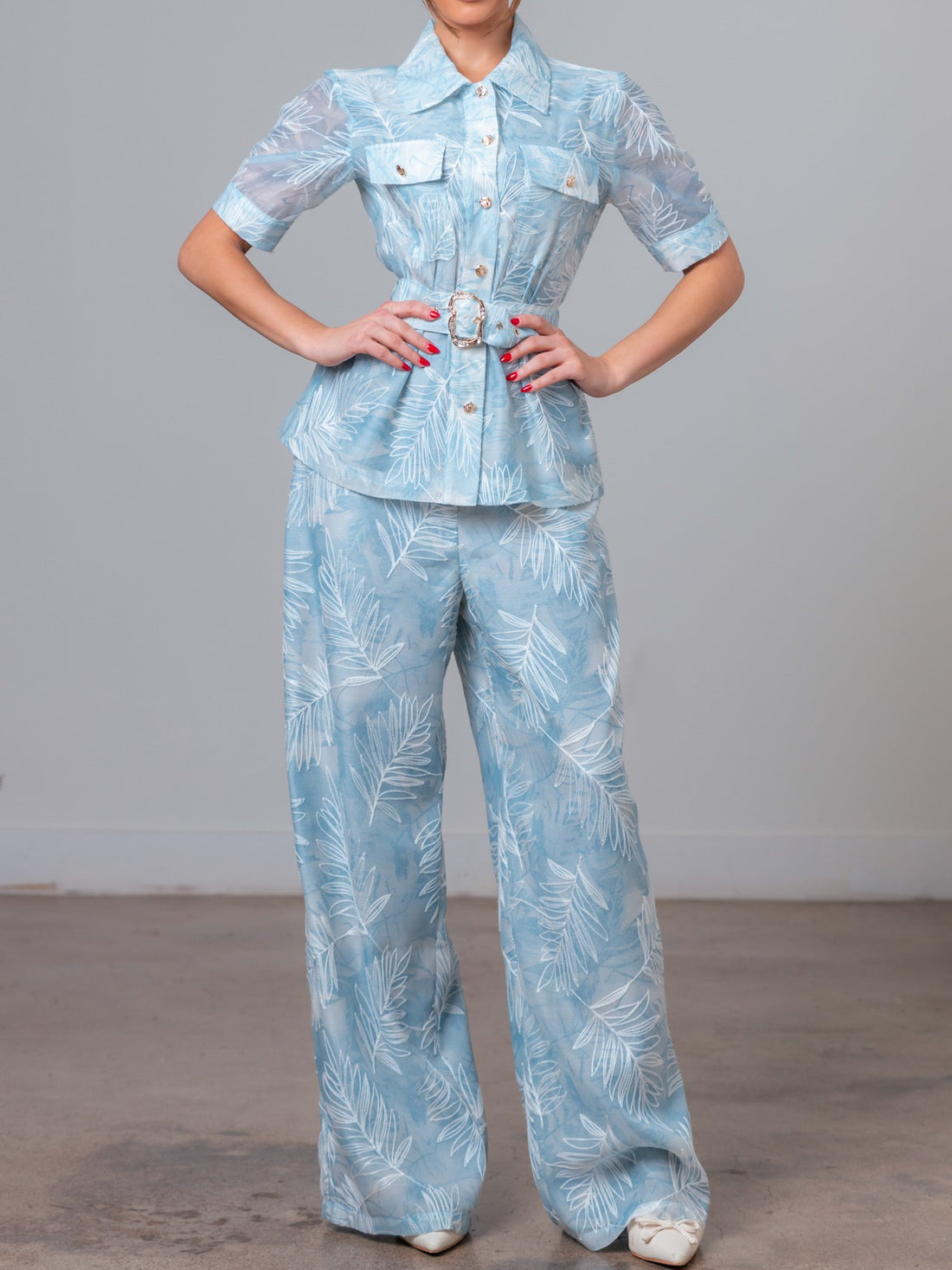 BLUE MULTI FLORAL EMBROIDERY SHORT SLEEVE BUTTON UP TOP AND WIDE LEG PANT SET