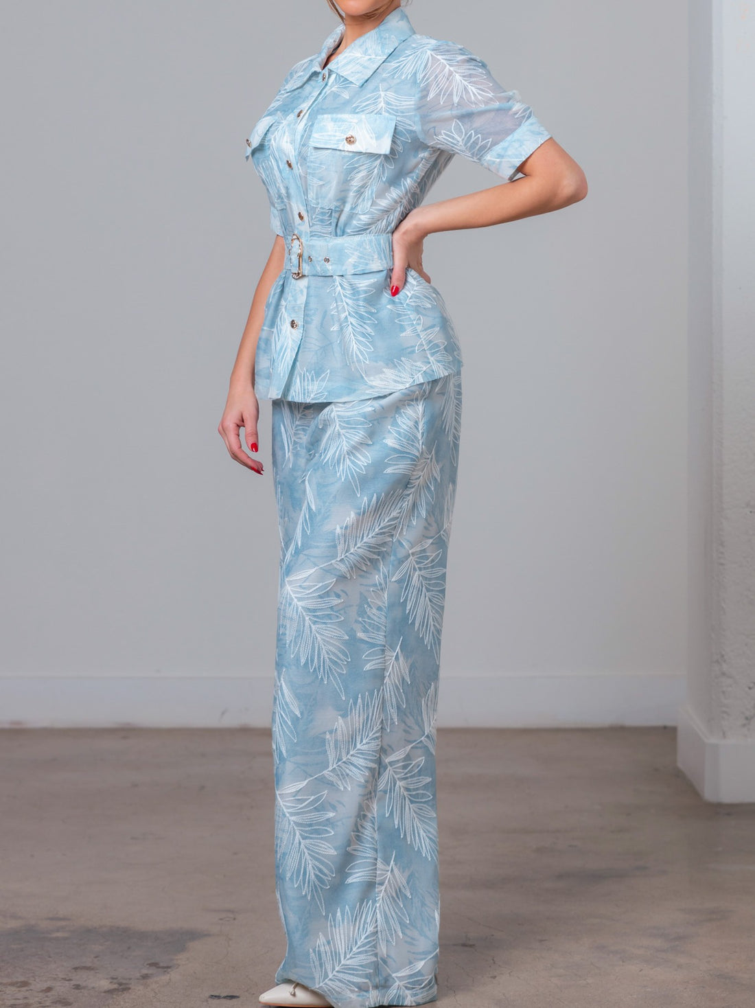 BLUE MULTI FLORAL EMBROIDERY SHORT SLEEVE BUTTON UP TOP AND WIDE LEG PANT SET