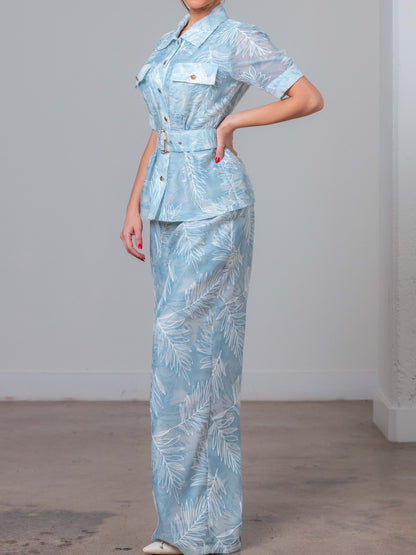 BLUE MULTI FLORAL EMBROIDERY SHORT SLEEVE BUTTON UP TOP AND WIDE LEG PANT SET