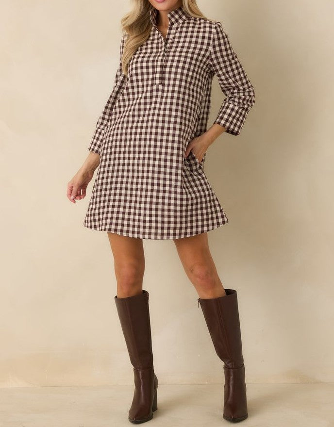 BROWN GINGHAM 3/4 SLEEVE SAVOY SHIFT MINI DRESS