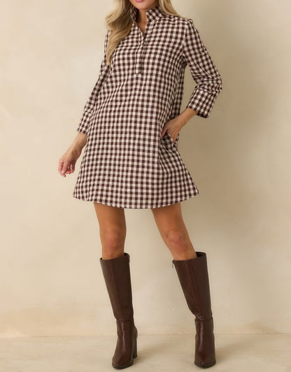 BROWN GINGHAM 3/4 SLEEVE SAVOY SHIFT MINI DRESS