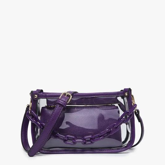 PURPLE JESSICA CLEAR CROSSBODY PURSE WITH STRAP & CHAIN