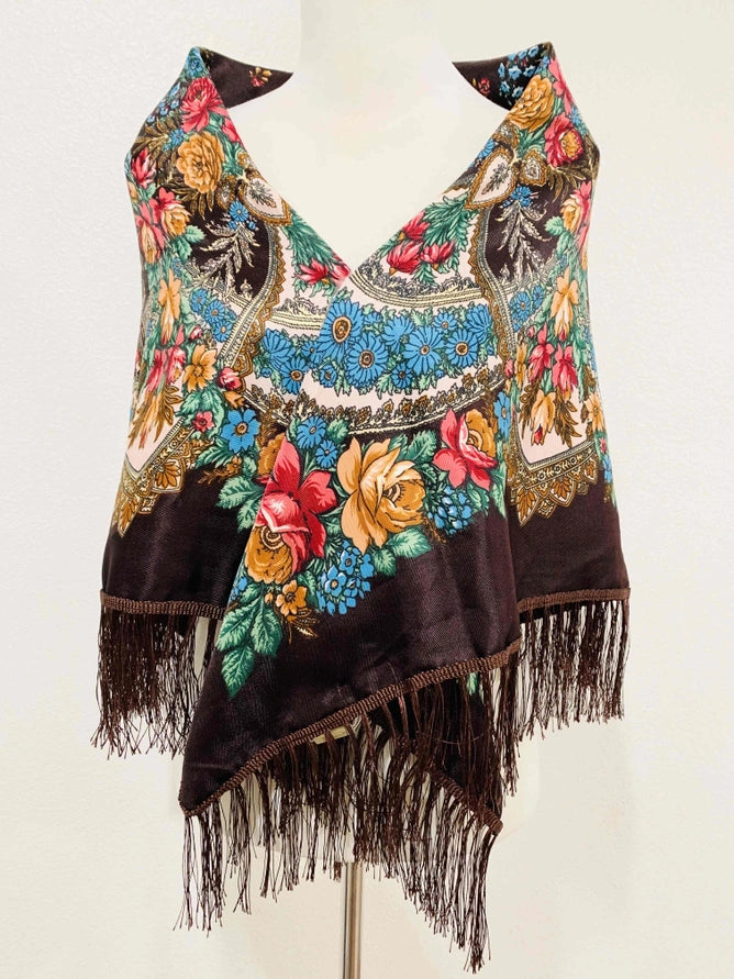 COFFEE BROWN FLORAL WESTERN PRINT FRINGED SCARF/SHAWL