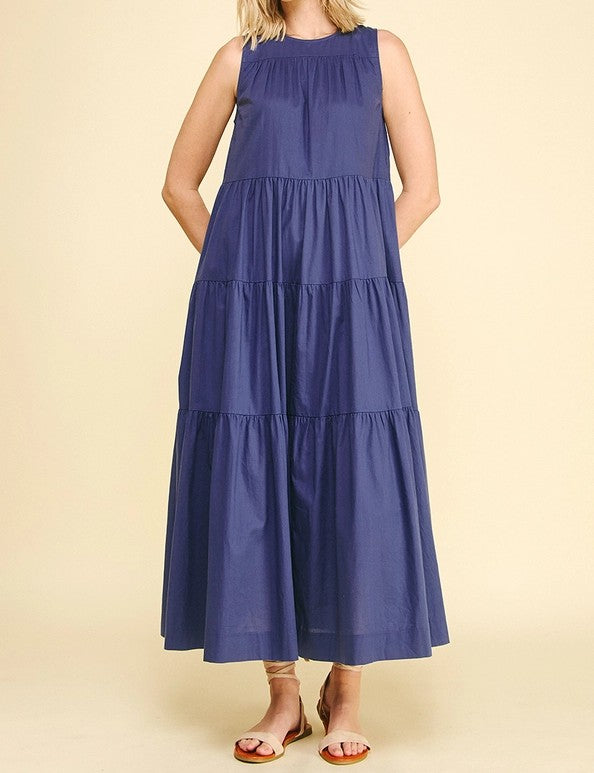 NAVY POPLIN TIERED A-LINE SLEEVELESS MAXI DRESS