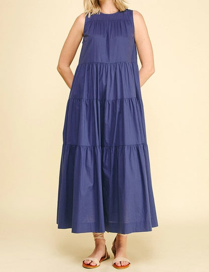 NAVY POPLIN TIERED A-LINE SLEEVELESS MAXI DRESS