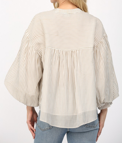 TAUPE STRIPE TENCEL BLEND BUBBLE SLEEVE BLOUSE