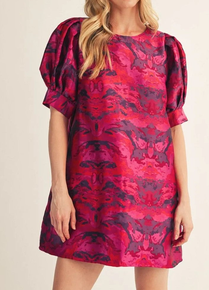 MAGENTA MIX JACQUARD SHORT PUFF SLEEVE MINI DRESS