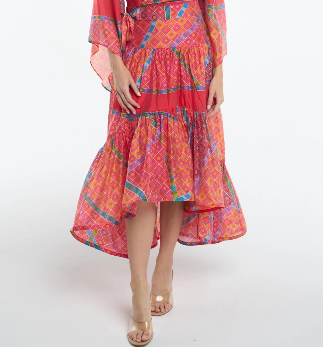 RED MULTI GEO PRINT HIGH-LOW MAXI AVA SKIRT