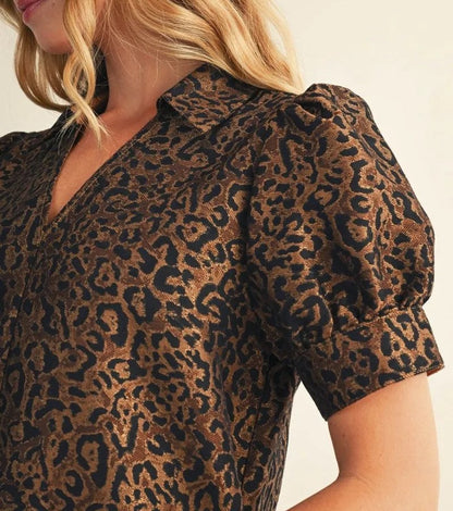 LEOPARD ANIMAL PRINT SHORT PUFF SLEEVE MIDI DRESS