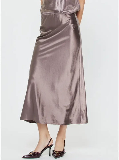 MAUVE/PEWTER SATIN SLIP MIDI SKIRT