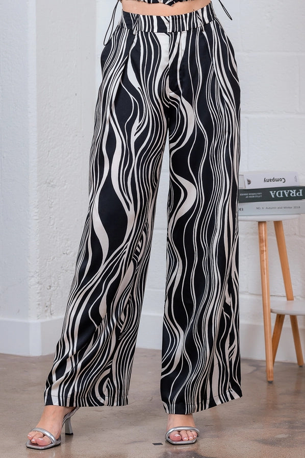 BLACK/IVORY PRINT HIGH WAISTED WIDE LEG SATIN PANTS
