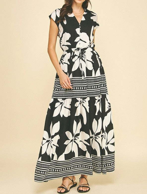 BLACK CONTRAST FLORAL PRINT SLEEVELESS TIERED MAXI DRESS