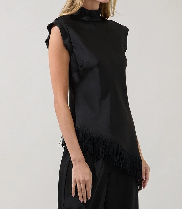 BLACK MOCK NECK ASYMMETIRCAL FRINGE TRIM TOP