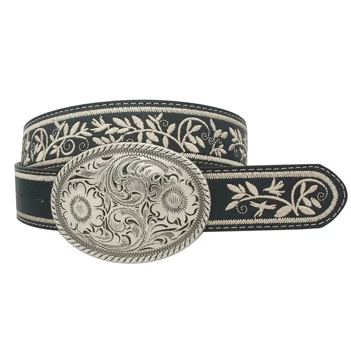 BLACK EMBROIDERED STRAP SILVER OVAL BUCKLE BELT