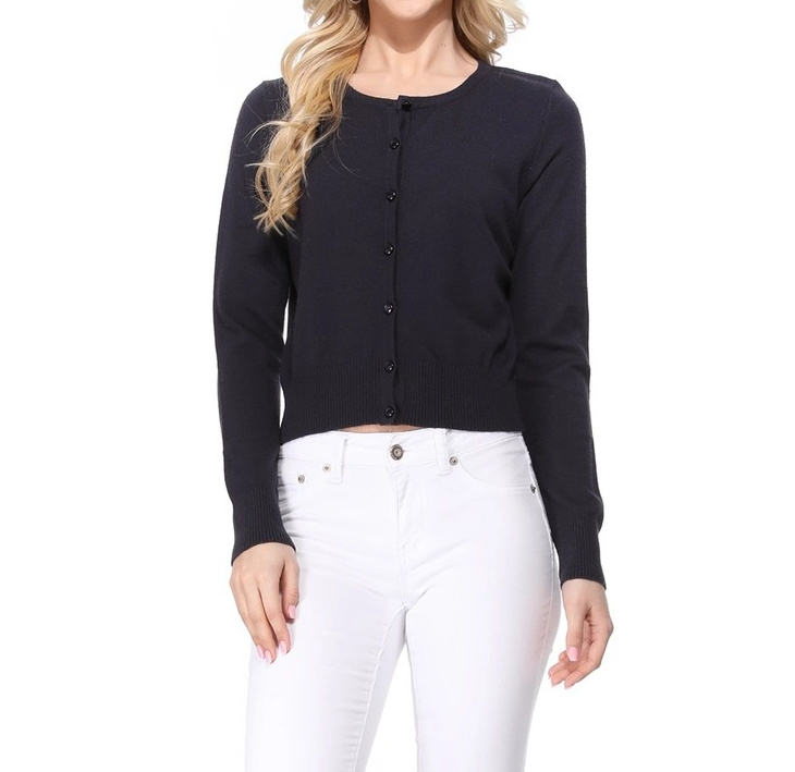 CHARCOAL LONG SLEEVE CREWNECK CROPPED CARDIGAN SWEATER