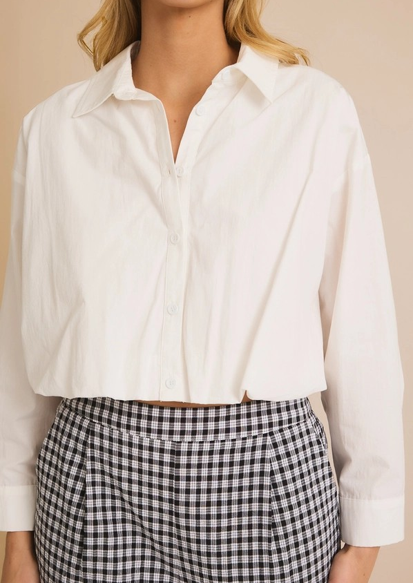 WHITE LONG SLEEVE BUBBLE HEM POPLIN SHIRT