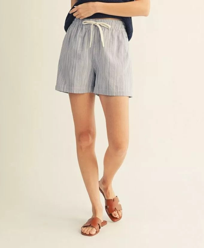 DENIM STRIPED ELASTIC WAIST TEXTURED SHORTS