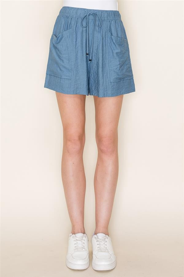DUSTY BLUE CRINKLE ELASTIC WAIST SHORTS