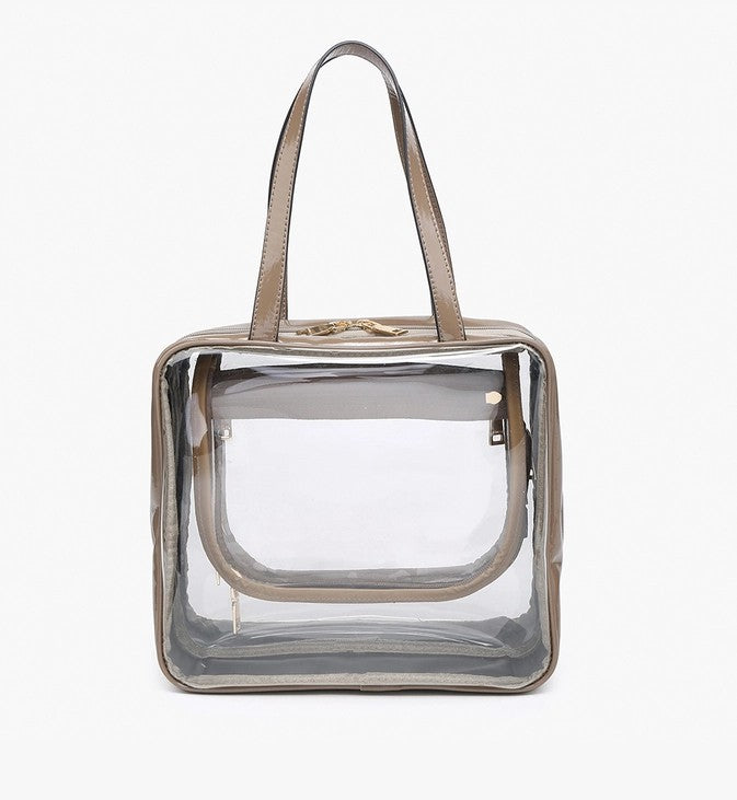 TAUPE RAE CLEAR COSMETIC BAG WITH HANDLE
