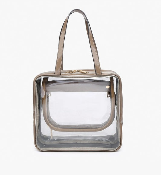 TAUPE RAE CLEAR COSMETIC BAG WITH HANDLE