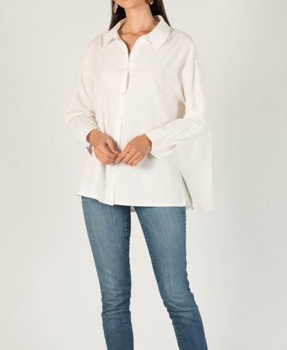 OFF WHITE LONG SLEEVE BUTTON UP SHIRT W/ PLEATED BACK DETAIL